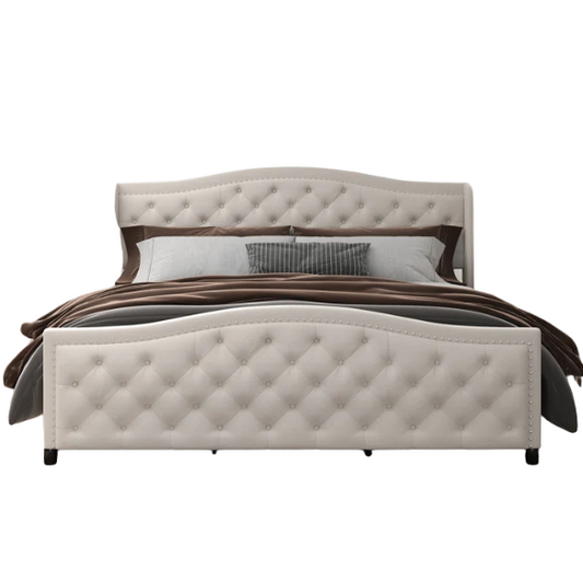 Luxurious King Size Velvet Upholstered Platform Bed with Tufted Camelback Headboard, Nailhead Trim, and 4 Built-In Storage Drawers – Stylish and Functional Bedroom Upgrade