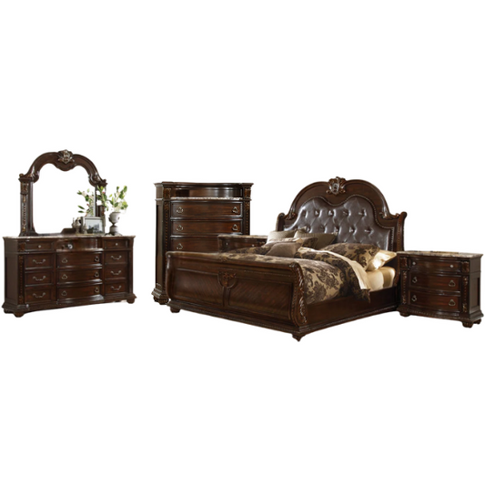 Classic Elegance 5-Piece Queen Bedroom Set in Dark Walnut with Button-Tufted Headboard, Marble-Topped Nightstand, 11-Drawer Dresser, Beveled Mirror, and Storage Chest