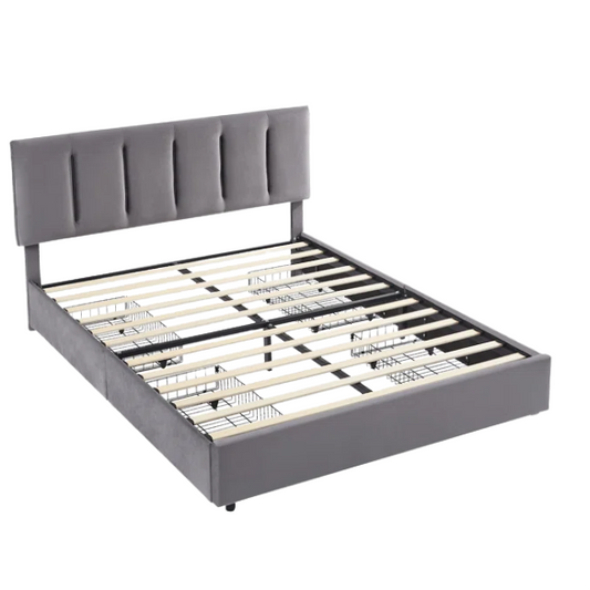Velvet Upholstered Queen Size Platform Bed with Adjustable Headboard and 4 Storage Drawers