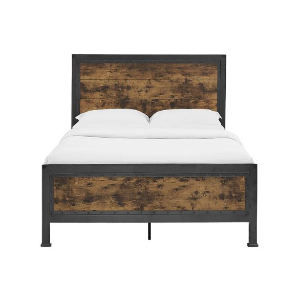 Rustic Industrial Queen Size Bed with Wood-Look Center – Sturdy and Stylish Design