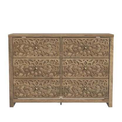 Boho-Inspired 45.4" 6-Drawer Dresser with Distressed Finish and Openwork Floral Details