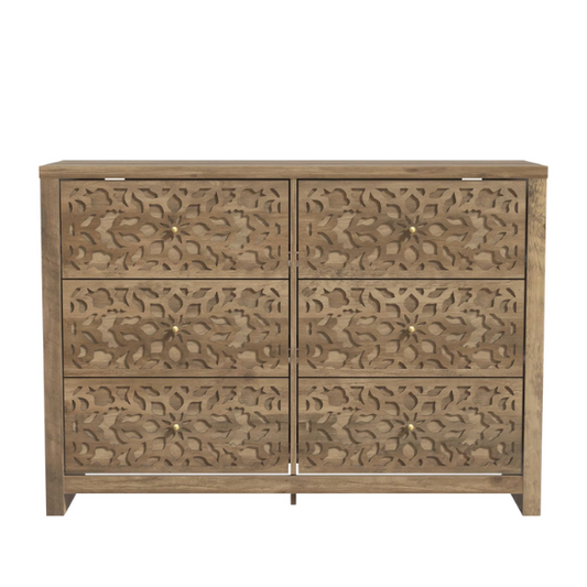 Boho-Inspired 45.4" 6-Drawer Dresser with Distressed Finish and Openwork Floral Details