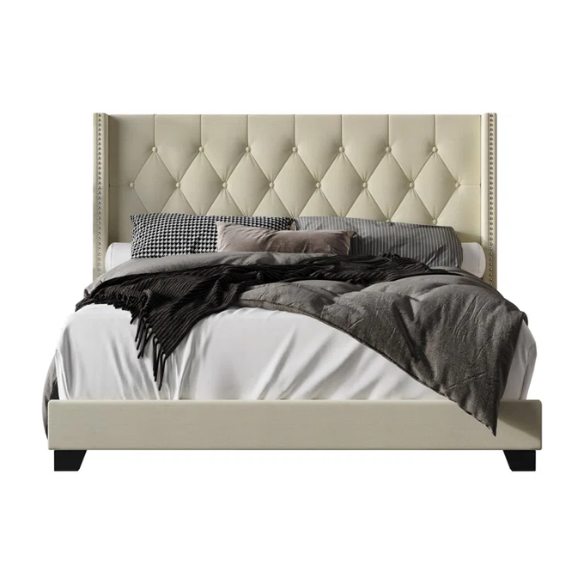 King Size Upholstered Low-Profile Bed with Wingback Headboard, Button Tufting, and Nailhead Trim – Glamorous, Traditional Design with Flared Legs