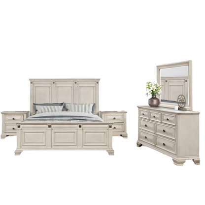 Distressed Parchment Wood Queen Bedroom Set – Elegant Silver Accents, Fluted Pilasters, and Beveled Drawer Fronts for Timeless Charm