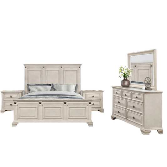 Distressed Parchment Wood Queen Bedroom Set – Elegant Silver Accents, Fluted Pilasters, and Beveled Drawer Fronts for Timeless Charm