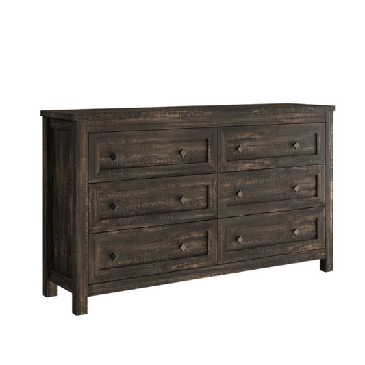 6-Drawer Dresser – A Perfect Blend of Rustic Charm and Industrial Elegance, Featuring a Clean-Lined Silhouette and Weathered Finish. Crafted from Solid and Engineered Wood