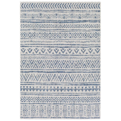 Striped Geometric Area Rug – Blue & Cream White, Durable Polypropylene, Low-Pile Design for High-Traffic Indoor/Outdoor Spaces