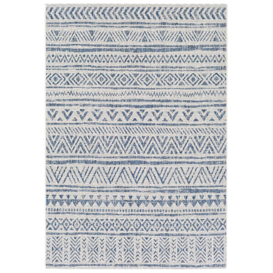 Striped Geometric Area Rug – Blue & Cream White, Durable Polypropylene, Low-Pile Design for High-Traffic Indoor/Outdoor Spaces