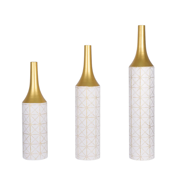 Elegant Ornate Metal Floor Vase Set (3-Piece) – Gilded Starry Grid Design, Tall Tulip-Shaped Vases with White and Gold Finish, Ideal for Dried Flowers or Stylish Décor