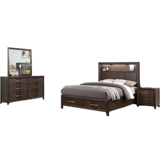 Elegant Platform Storage 4-Piece Queen Bedroom Set – Timeless Design with Modern Functionality, Includes Bed, Dresser, Mirror, and Nightstand