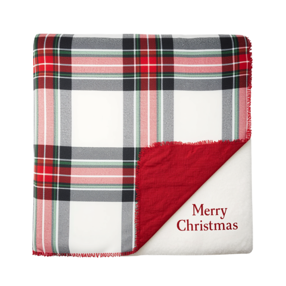 Merry Christmas Embroidered Plaid Reversible Blanket