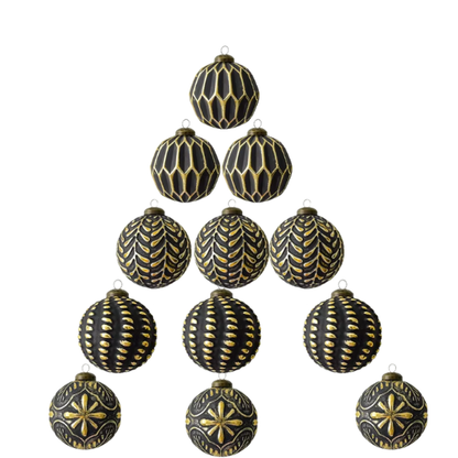 Gold & Black Embossed Christmas Ornaments – Luxurious Holiday Bauble Set (12 Pieces)