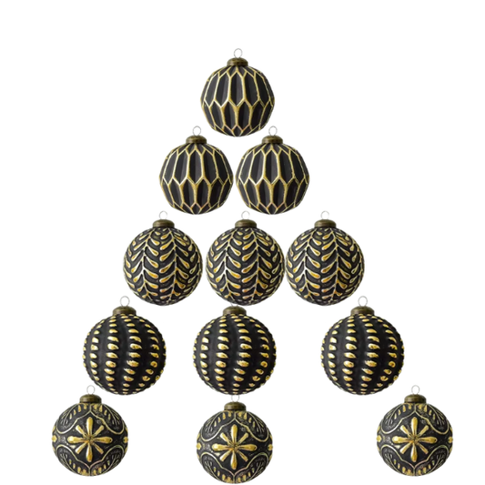 Gold & Black Embossed Christmas Ornaments – Luxurious Holiday Bauble Set (12 Pieces)