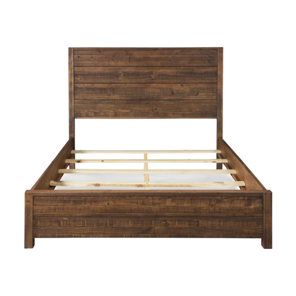 Rustic Solid Pine Wood King Size Panel Bed with Distressed Finish and Streamlined Headboard