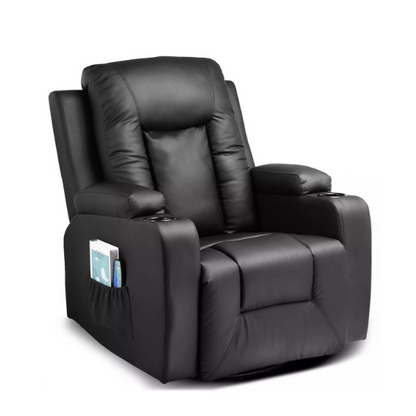 Black massage recliner with heating, vibration, and manual reclining features for ultimate comfort and relaxation. Soft faux leather upholstery, overstuffed padding, and a sturdy alloy steel frame combine style and durability. Includes remote control, dual cup holders, and convenient side pocket for storage.