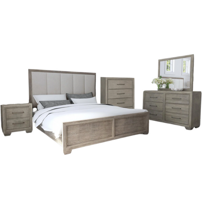 5-Piece  Wood Bedroom Set with Upholstered Panel Bed, Dresser, Mirror, and Nightstand