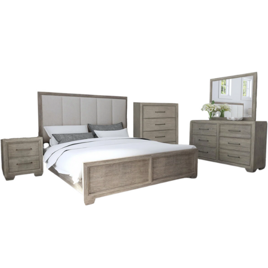 5-Piece  Wood Bedroom Set with Upholstered Panel Bed, Dresser, Mirror, and Nightstand