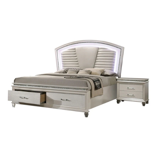 2-Piece Glam White Solid Wood Platform Bedroom Set with LED Lighting & Crystal Accents
