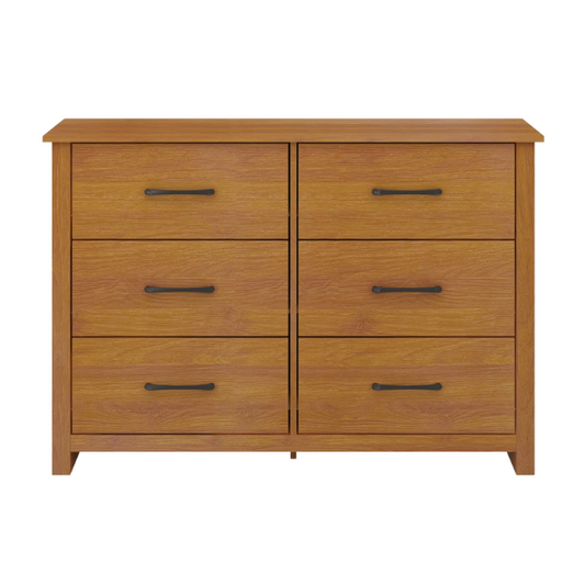 Modern 6-Drawer Double Dresser with Flared Feet and Sleek Black Metal Handles