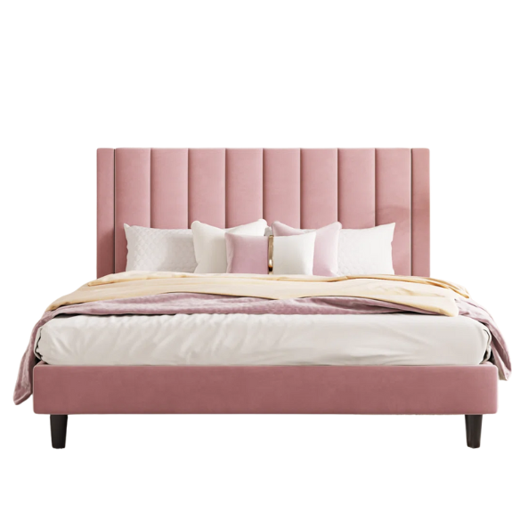 Luxurious Upholstered Platform Bed – Full/Double Size with Velvet Upholstery and Striped Headboard for Elegant Comfort