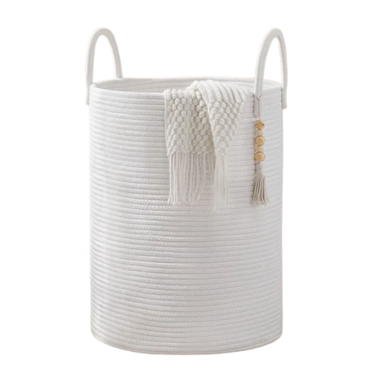 Large Tall Woven Storage Basket – Decorative Laundry Hamper with Handles, Foldable Cotton Rope Design for Clothes, Kids' Toys, and Living Room