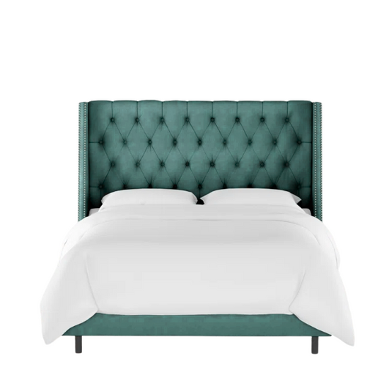 Chic Upholstered Wingback King Size Bed with Button Tufting and Nailhead Trim