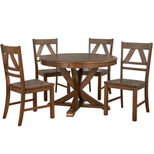 Country-Style 5-Piece Dining Set – Round Beadboard Table with X-Base and Geometric Back Chairs