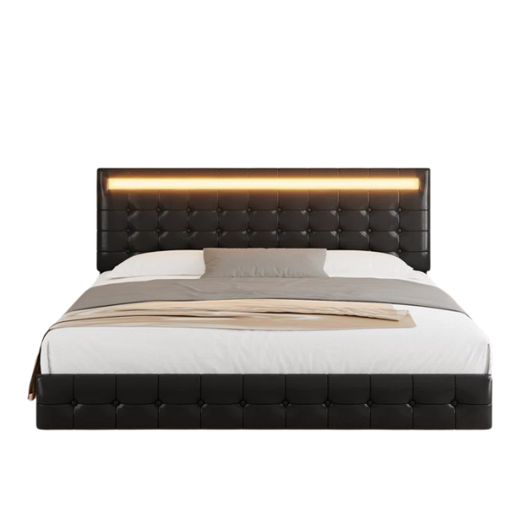 Queen Size LED Lit Platform Bed with Tufted Headboard – Modern and Stylish Design