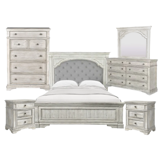 Rustic White King 5-Piece Bedroom Set – Upholstered Tufted Bed, Nightstand, Dresser with Mirror, and Chest