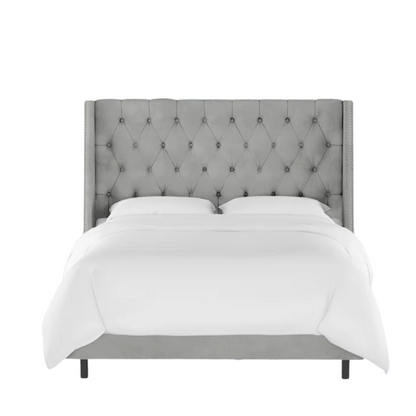 Chic Upholstered Wingback King Size Bed with Button Tufting and Nailhead Trim