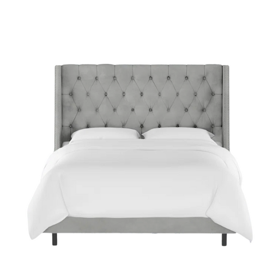 Chic Upholstered Wingback King Size Bed with Button Tufting and Nailhead Trim