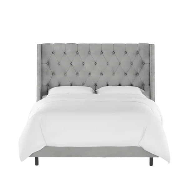 Chic Upholstered Wingback King Size Bed with Button Tufting and Nailhead Trim