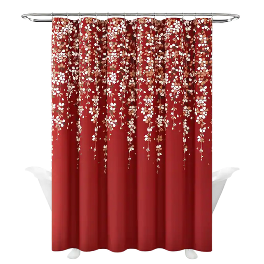 Red, Brown, Tan, and White Weeping Flower Shower Curtain – Nature-Inspired Floral Bath Décor, 72" x 72"