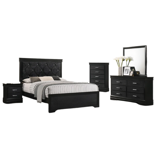 Luxurious 5-Piece Full Double Size Bedroom Set – Diamond Tufted Velvet Headboard with Wooden Trim and Elegant Button Detailing