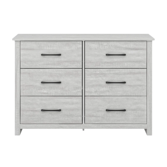 Modern 6-Drawer Double Dresser with Flared Feet and Sleek Black Metal Handles