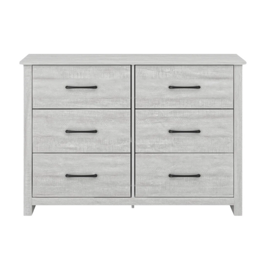 Modern 6-Drawer Double Dresser with Flared Feet and Sleek Black Metal Handles