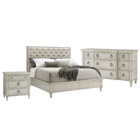 Rustic Panel Configurable Bedroom Set – Classic Meets Modern with Button-Tufted Headboard, Custom Ring Pulls, Media Storage Dresser, and Nailhead Trim Mirror – Includes Bed, Nightstand, Dresser, and Mirror