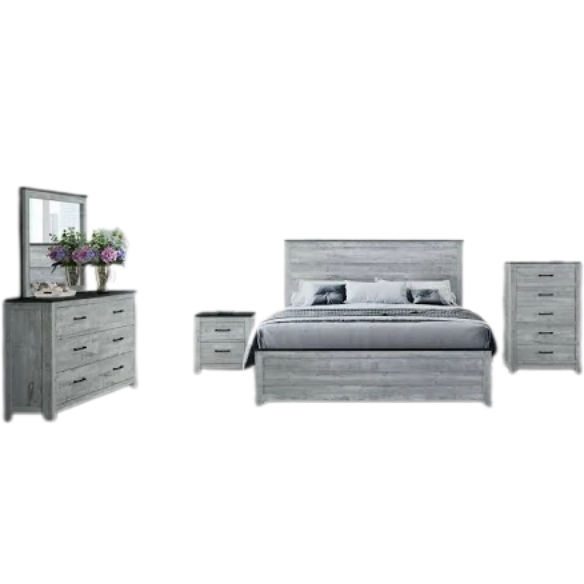 Rustic Grey Wash Queen 5-Piece Bedroom Set – Plank Design Bed, Dresser, Nightstand, and Chest with Black Accents and Durable Hardware