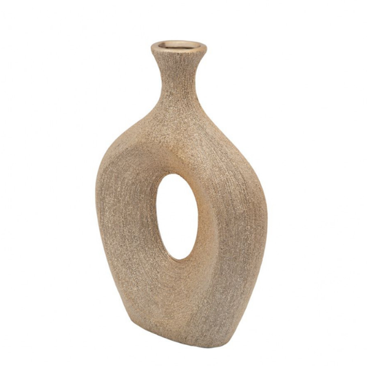Abstract Sculptural Ceramic Vase with Unique Oval Cut-Out Design – 13" Modern Beaded Accent Vase for Tabletop or Shelf Décor, Ideal for Faux Florals and Statement Styling