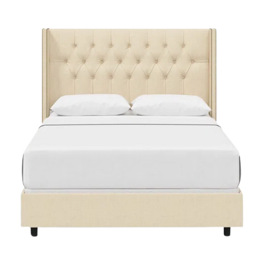 Timeless Upholstered Wingback King Size Bed with Button Tufting and Nailhead Trim