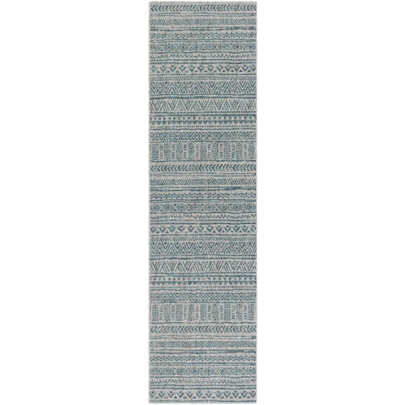 Striped Geometric Area Rug – Aqua & Taupe, Durable Polypropylene, Low-Pile Design for High-Traffic Indoor/Outdoor Spaces