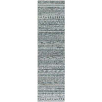 Striped Geometric Area Rug – Aqua & Taupe, Durable Polypropylene, Low-Pile Design for High-Traffic Indoor/Outdoor Spaces