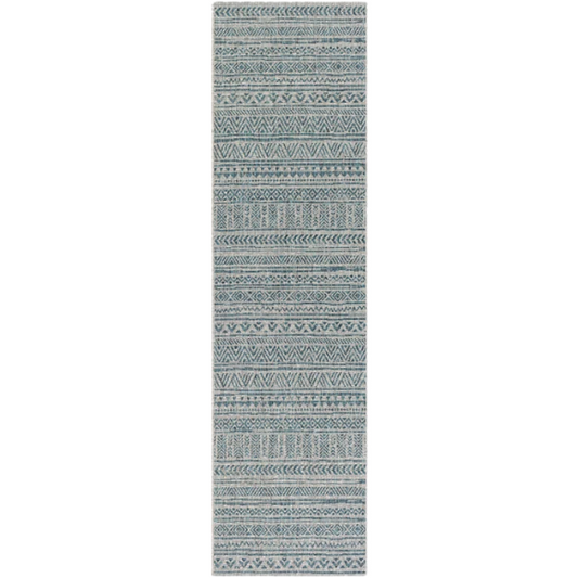 Striped Geometric Area Rug – Aqua & Taupe, Durable Polypropylene, Low-Pile Design for High-Traffic Indoor/Outdoor Spaces