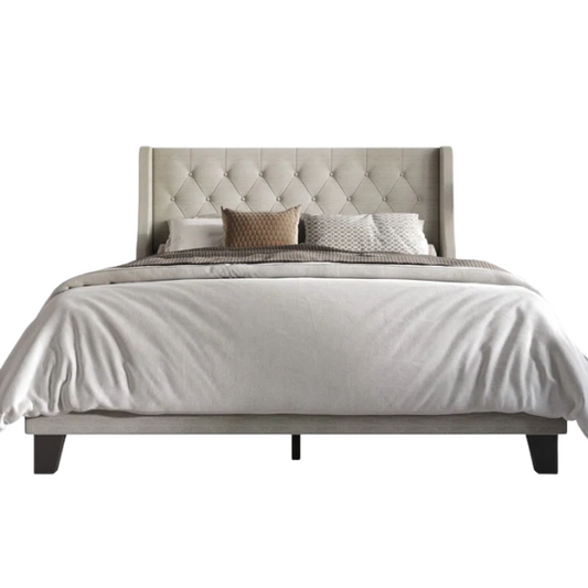 Elegant King Size Upholstered Wingback Bed with Button-Tufted Headboard – Foam-Padded for Ultimate Comfort and Support
