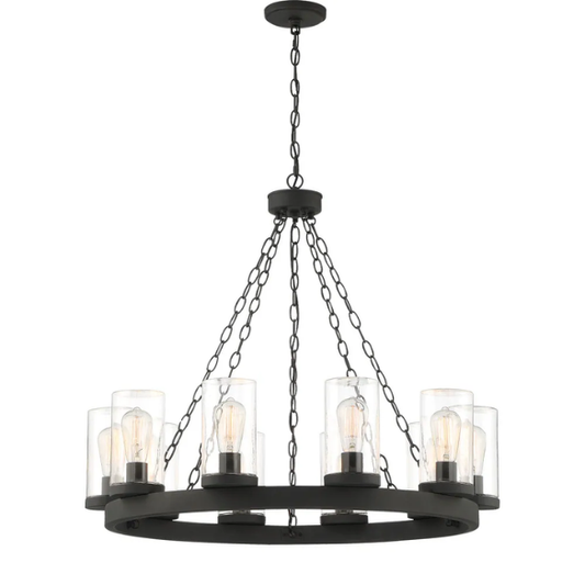 10-Light Farmhouse Black Wagon Wheel Chandelier – Rustic Metal and Clear Glass Ceiling Light for Dining Room, Foyer, Living Room, or Bedroom