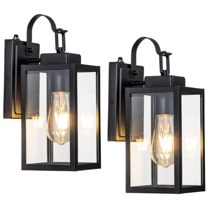 2-Pack Matte Black Dusk to Dawn Outdoor Wall Lanterns – Modern, Weather-Resistant Lighting with Clear Glass Shade for Patios, Porches, and Entryways