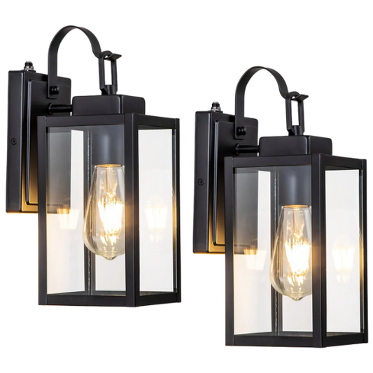 2-Pack Matte Black Dusk to Dawn Outdoor Wall Lanterns – Modern, Weather-Resistant Lighting with Clear Glass Shade for Patios, Porches, and Entryways
