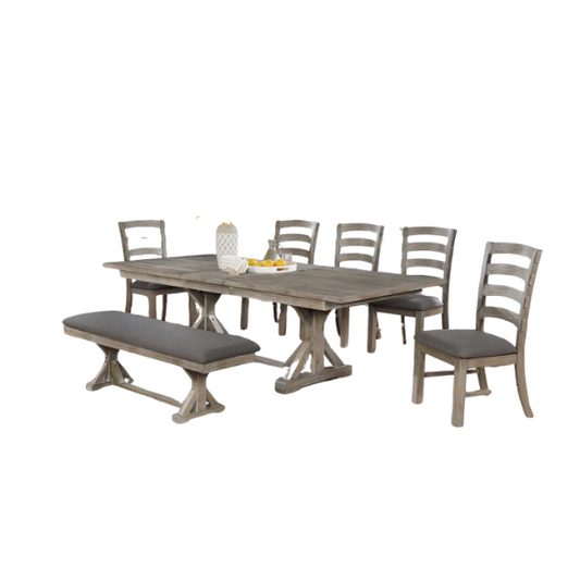 7-Piece Rustic Trestle Dining Set – Upholstered Chairs & Bench