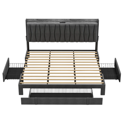 Modern Upholstered King Size Bed Frame with 3 Storage Drawers, Soft Foam Headboard, and Built-in Charging Station