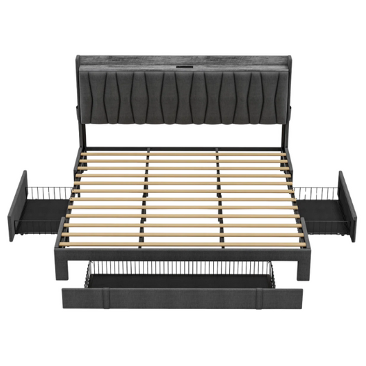 Modern Upholstered King Size Bed Frame with 3 Storage Drawers, Soft Foam Headboard, and Built-in Charging Station